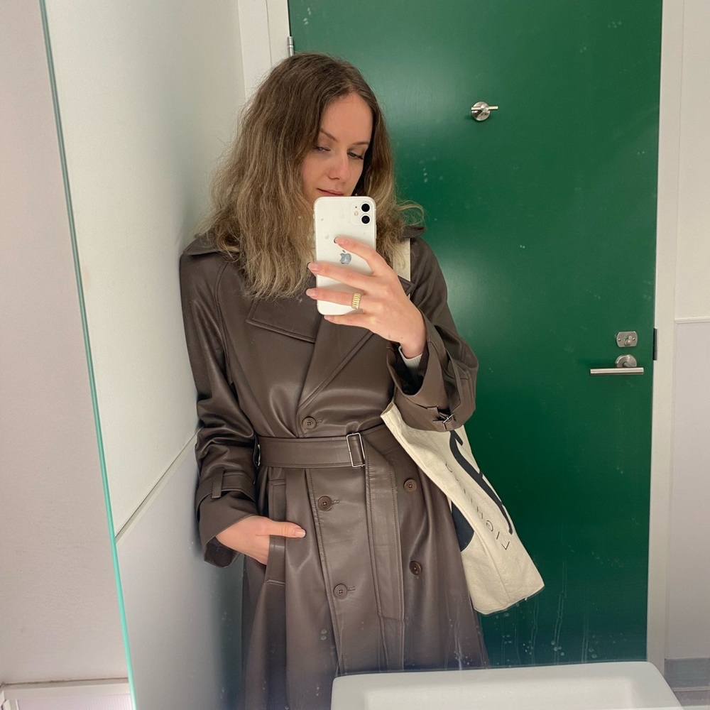 Brand new OAK + FORT brown leather trench, size XS.